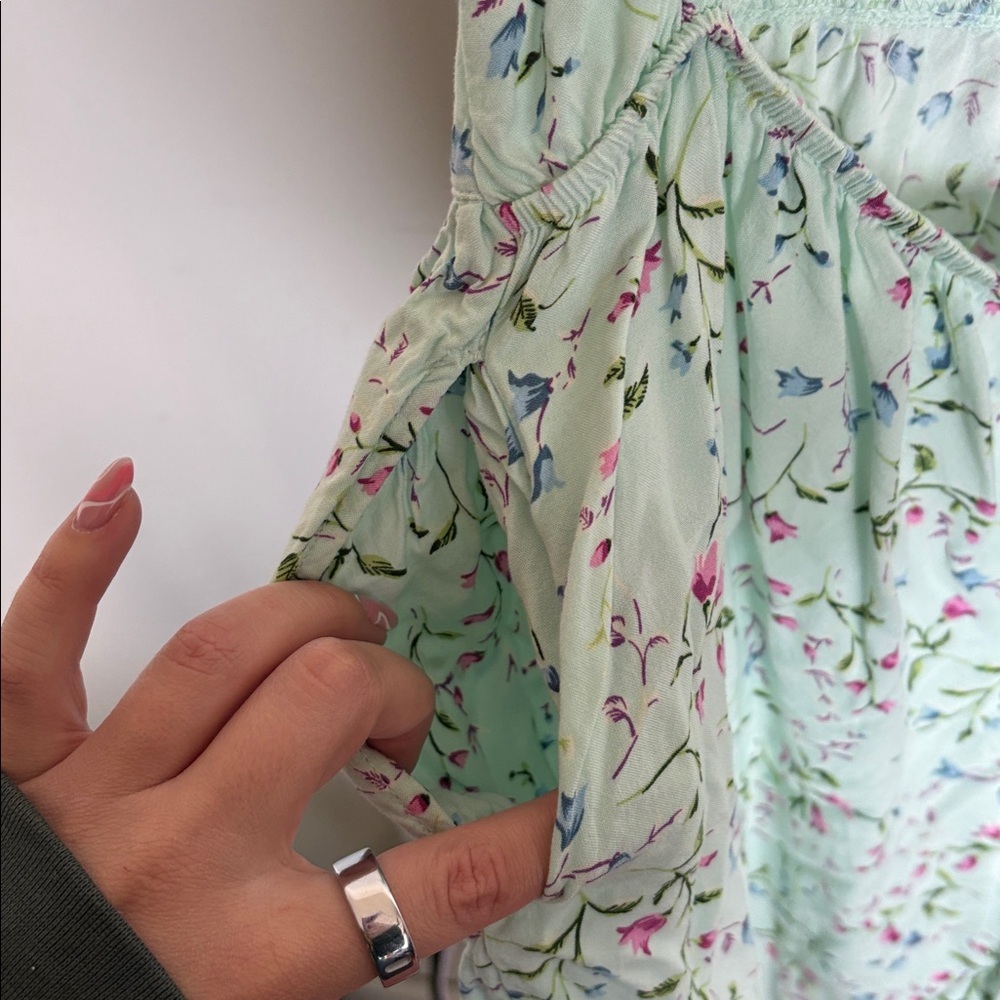 Cisono Floral Mini Dress Green Pink Cottagecore Summer Dress Size L - Picture 5 of 6